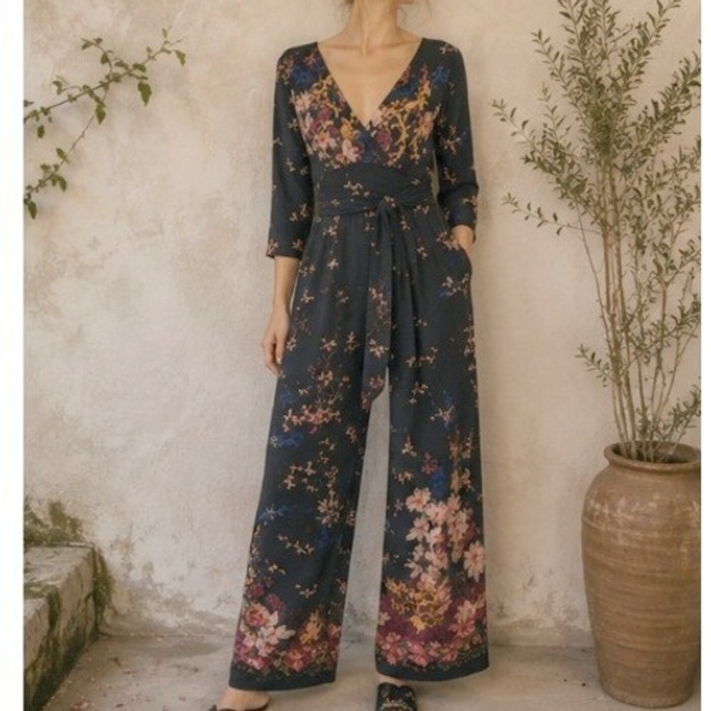 Anthropologie Floral Bird Print Wide Leg Jumpsuit Black 8 Whimsigoth Boho Formal